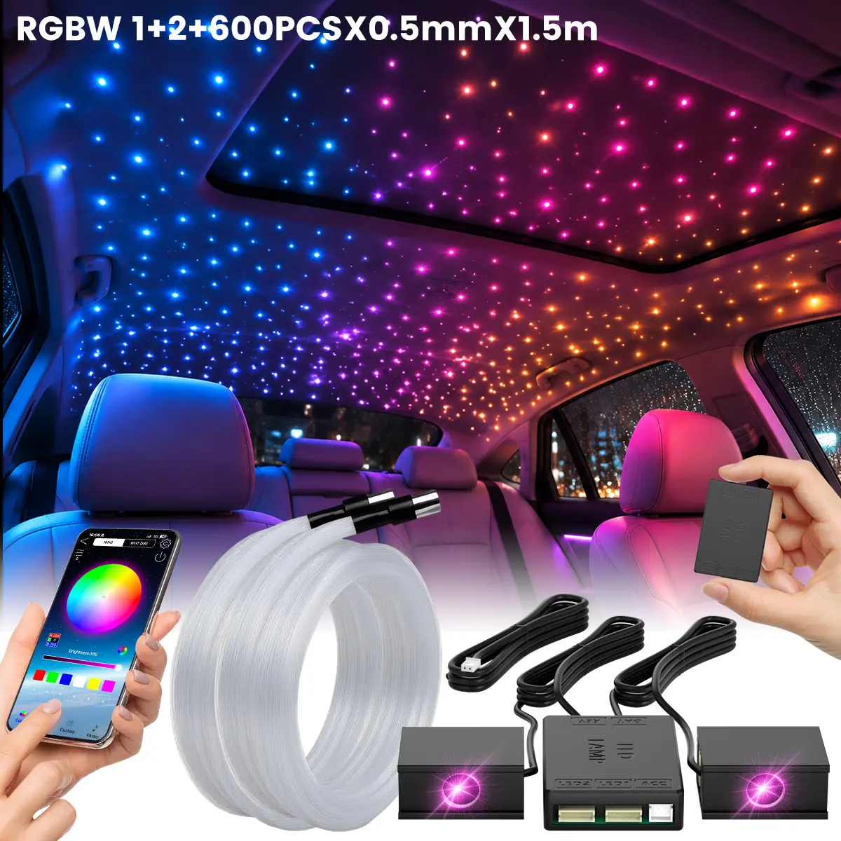 RGBW Starlight Headliner Kit for Car & Home, Split Design Fiber Optic Ceiling Lights with Music Sync Remote, Pre-Cut Optical Fiber Cable Auto Atmosphere Roof Light, 12V (16W)