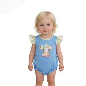 Little Baby Girls Summer Flutter Sleeve Cute Cow Bow Embroidery Soft Bodysuits Rompers Soft Stretchy Bubbles