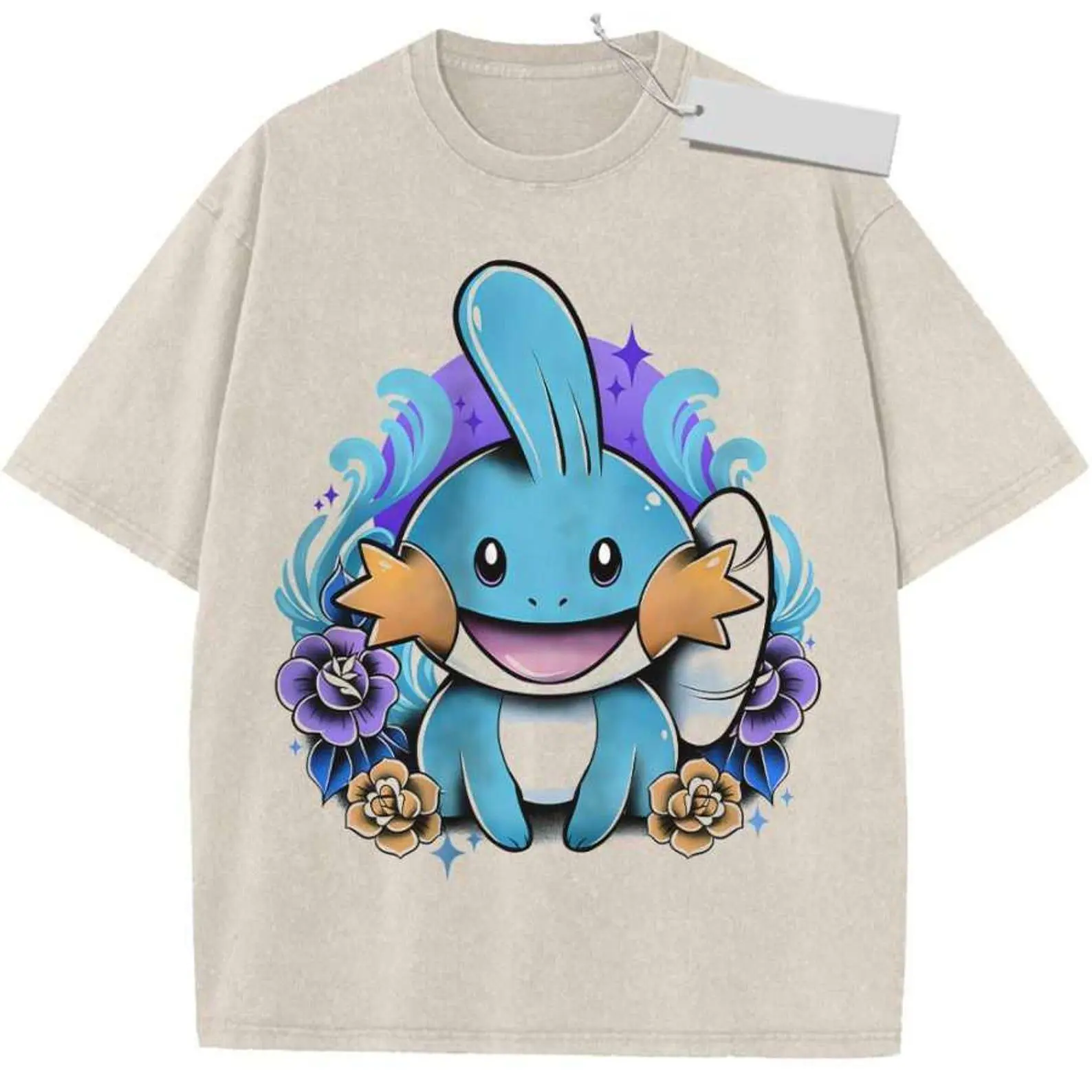 Mudkip Vintage Wash T-Shirt, Cute Water Starter Anime Shirt, Kawaii Oversized Graphic Tee, Retro Acid Wash Unisex Gift for Fans