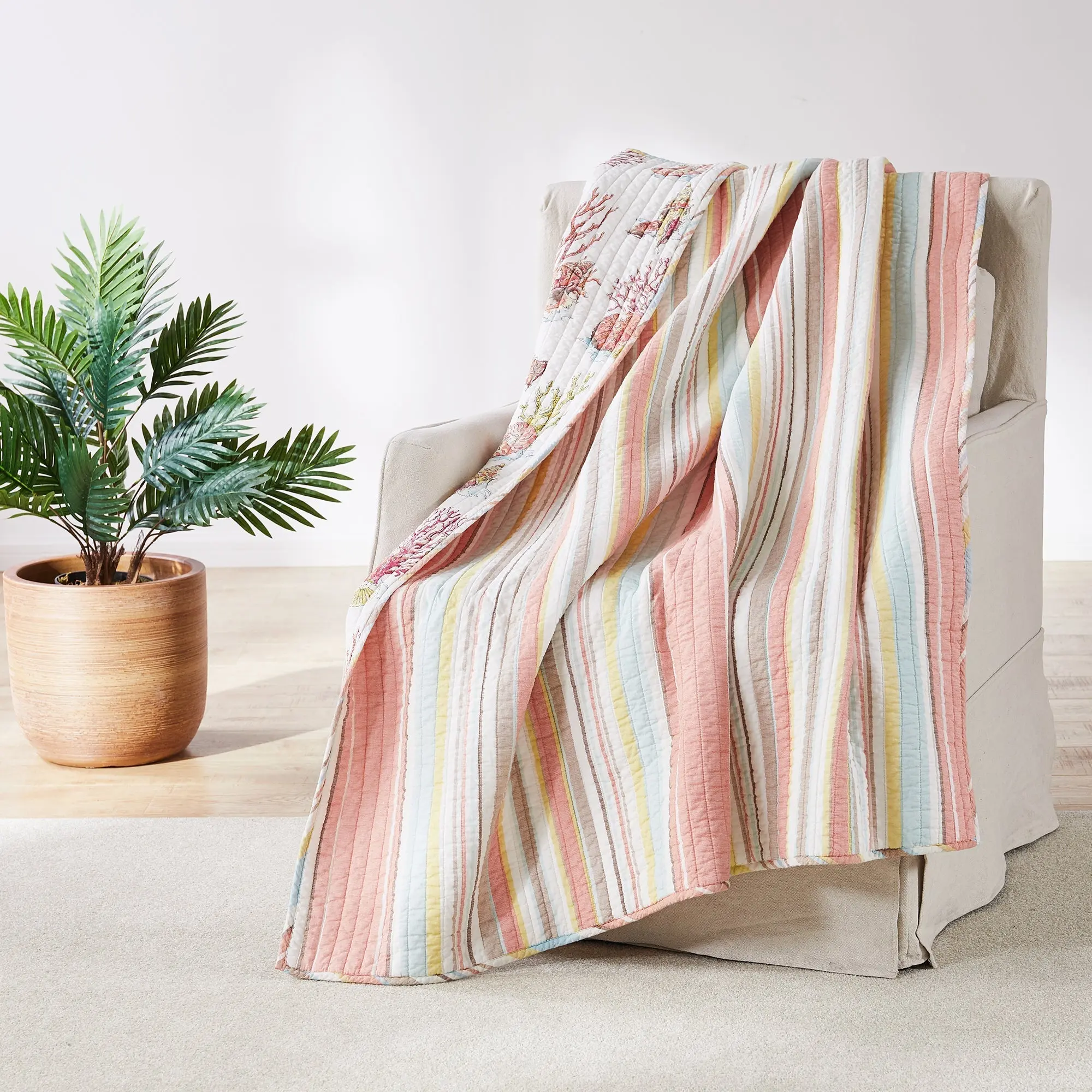 Brighton Coral Quilted Throw Blanket, Decorative Ocean-Style Soft Furnishing for Bedding & Linens, Decorative Blanket, Ocean Style Blanket