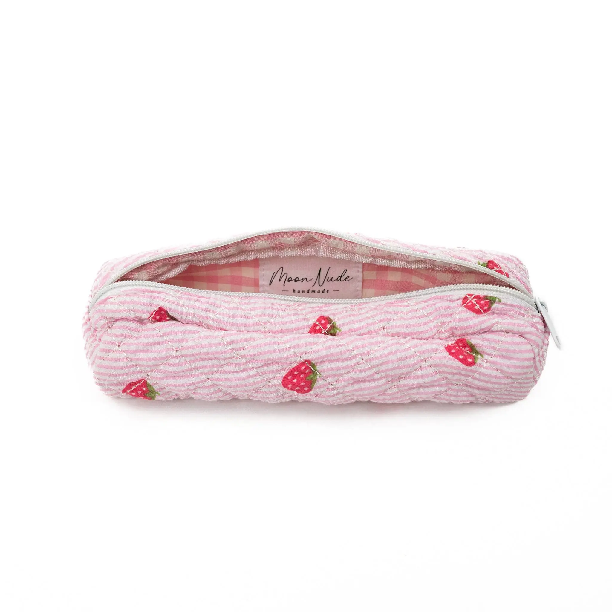 Moon Nude Strawberry Pencil Case – Multi-Design Collection | Quilted Pouch with Gingham Lining for Stationery & Makeup Brushes