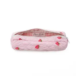Moon Nude Strawberry Pencil Case – Multi-Design Collection | Quilted Pouch with Gingham Lining for Stationery & Makeup Brushes