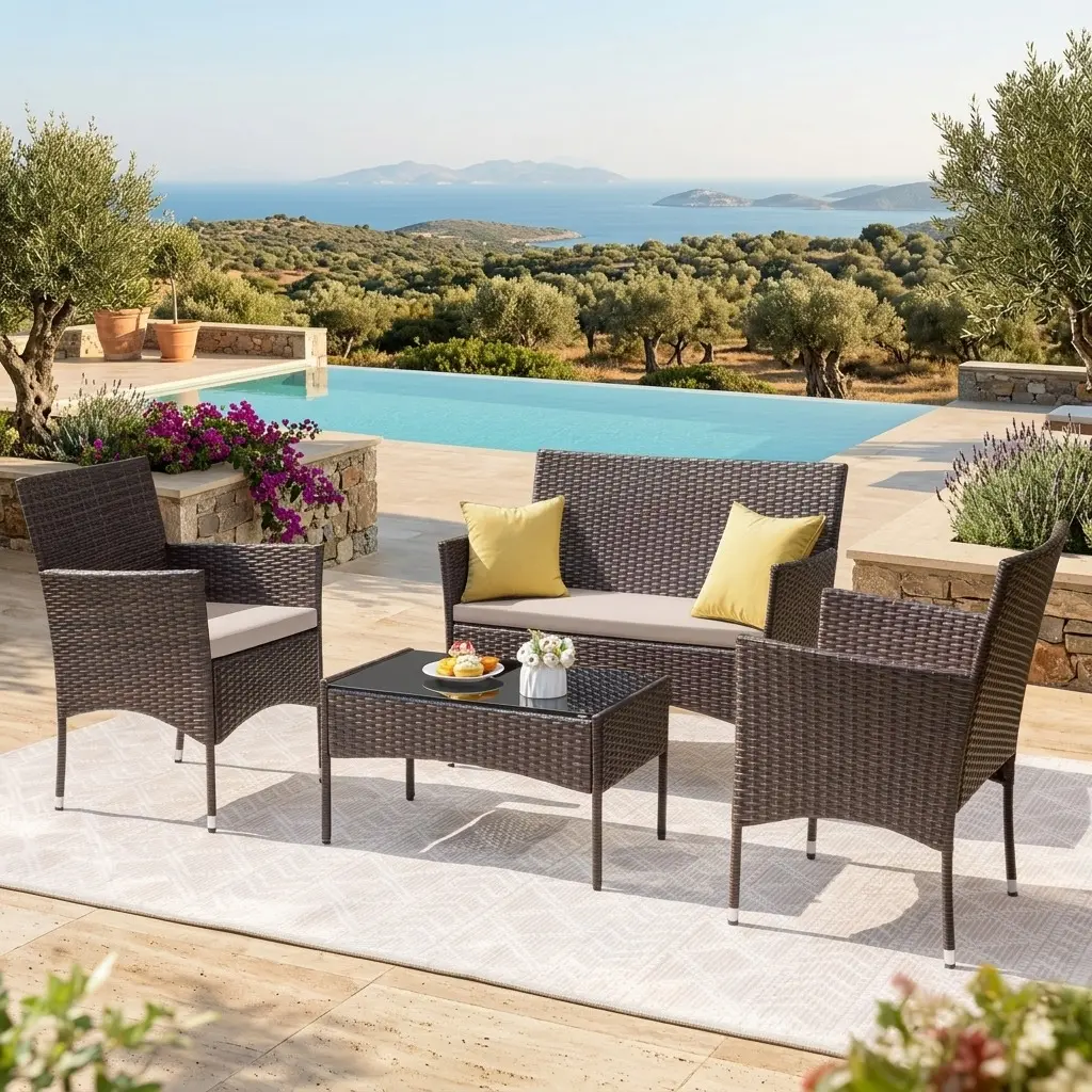 Outdoor Patio 4-Piece Waterproof All-Weather PE Rattan Furniture Set - 2 Armchairs, Loveseat, Tempered Glass Coffee Table, Thick Sponge Cushions with Removable Covers, Assembly Required for Backyard Relaxation, Front Porch