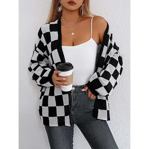 Women's Cardigan Sweater Color Block Loose Casual Jacket in Black and White Checkerboard Pattern