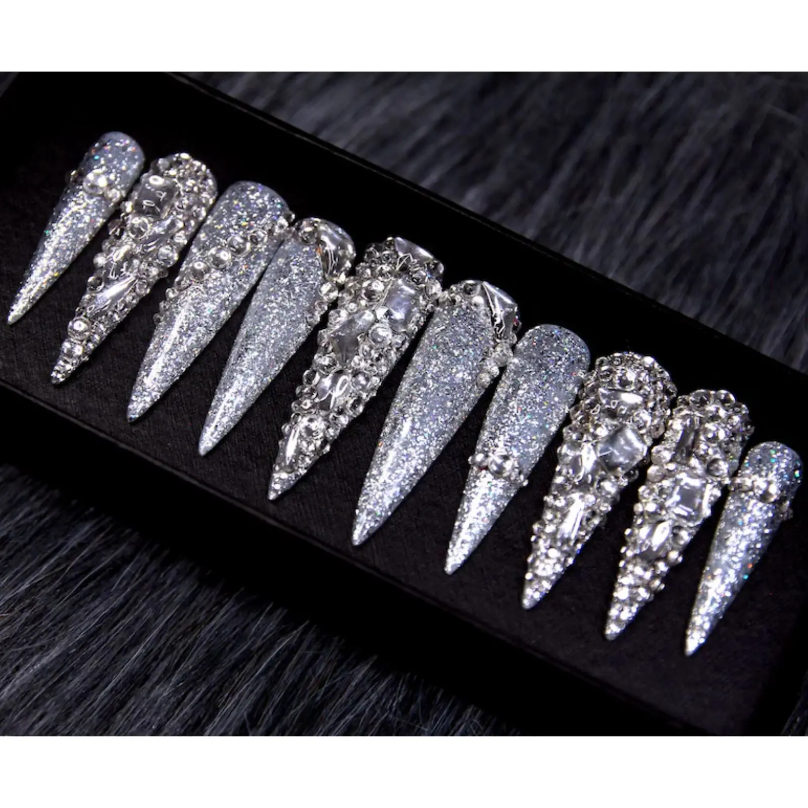 Luxury Silver Glitter Stiletto Nails with Crystal 3D Embellishments