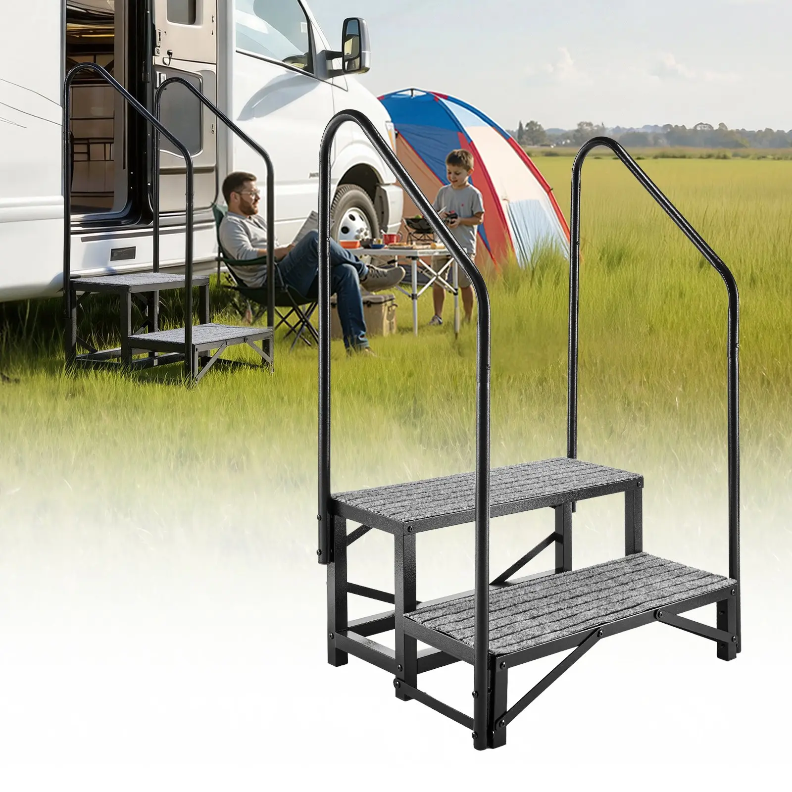VEVOR Alloy Steel 2-Step RV Stairs with Dual Handrails, 660 lbs Load Capacity, Non-Slip Mat, 29.13x20.87x44.10 in, Easy Installation for Elderly, Hot Tub, Pool, Porch, Mobile Home