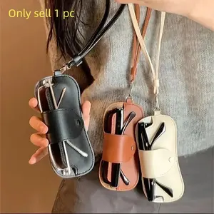 Vintage PU Leather Eyeglass Case with Neck Strap, Large Capacity Multi-Layer Design, Safe Closure Anti-Scratch Protection, Holiday Gift