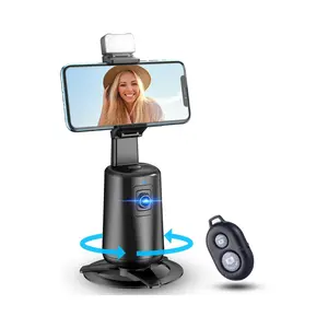 Auto face tracking tripod with 360° rotation. No app needed; features remote and gesture control. Perfect for live videos and selfies
