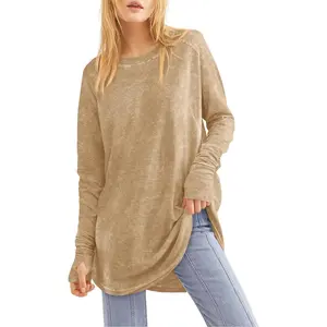 Women's Oversized Longsleeve Vintage Washed Casual Loose-Fit Tunic Tops with Thumb Holes, Round Neck Blouses, Casual Classy Top, Longsleeves