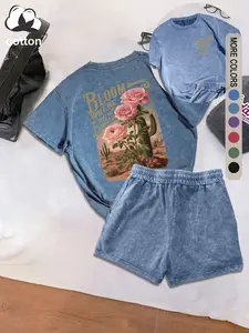 BLOOM WHERE YOU'RE PLANTED women's suit printed Floral pattern, cotton round neck outdoor sports, street Y2K women's short-sleeved shorts washed distressed style casual two-piece suit, women's clothing