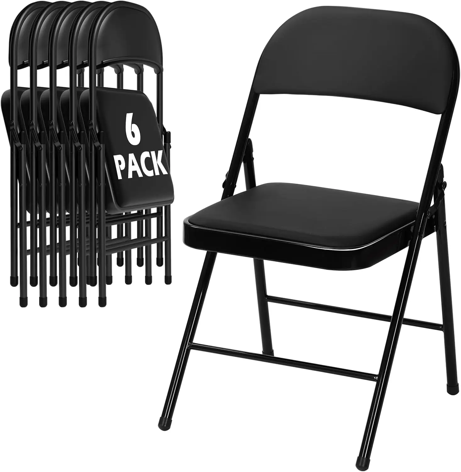 6-Pack Black PU Leather Padded Folding Dining Chairs - Commercial Metal Steel Frame, Portable Stackable for Church, Dorm, Weddings, Home Events