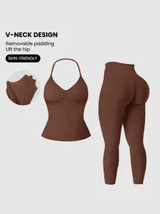 Solid High Elasticity Yoga Pants Set with Padded Bra, V-Neck High Waist Butt Lifter, Quick-Dry Sweat-Wicking Two-Piece Workout Yoga Outfit Set
