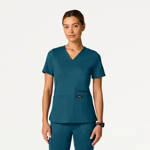 Kass Slim 4-Pocket UltraSOFT™ Scrub Top - Caribbean Blue