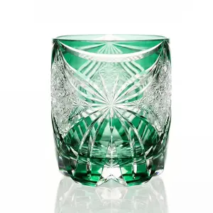 Authentic Edo Kiriko "Emerald Butterfly" Whiskey Glass - Hand Cut Green Crystal Tumbler
