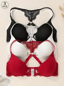 3pcs Elegant Lace Bra Set with Front Closure, HighSupport Push-Up Design & Contrast Lace Trim -Comfortable Non-Removable Padding, Sexy Floral Print ForWomen, Lingerie, Stylish Lingerie, Feminine Lingerie, SoftFabric, Supportive Lingerie,Womenswear