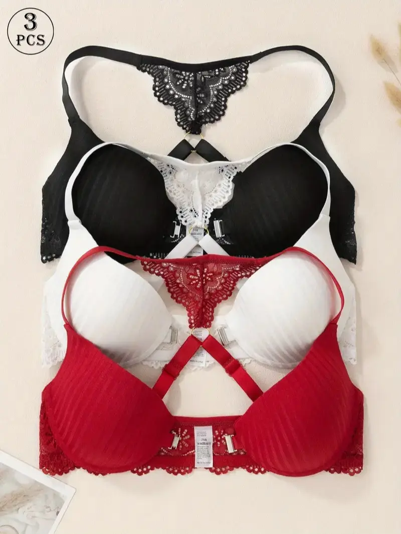 3pcs Elegant Lace Bra Set with Front Closure, HighSupport Push-Up Design & Contrast Lace Trim -Comfortable Non-Removable Padding, Sexy Floral Print ForWomen, Lingerie, Stylish Lingerie, Feminine Lingerie, SoftFabric, Supportive Lingerie,Womenswear