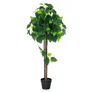 COSTWAY - 45 Inches Artificial Hydrangea Tree with Real Wood Trunk and Realistic Hydrangea Leaves