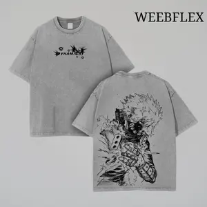 Bakugo My Hero Academia Oversized Washed Vintage Tee, Retro Fit Anime Manga Graphic Shirt, Heavy Cotton Streetwear Look, Unisex Collector Drop