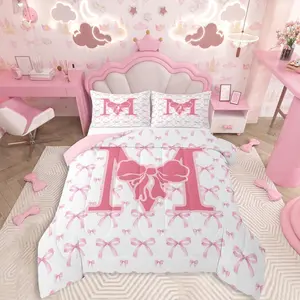 Pink Bowknot Comforter Set All Season Initial M Bedding Set s Coquette Bows Microfiber Kids Bedclothes Monogrammed Bedroom Decor Duvet Quilt Breathable Soft Lightweight