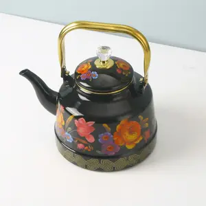 Vintage Bell-Shaped Enamel Tea Pot, Floral Water Kettle, Suitable for Stovetop & Induction Cooktops, 1.1L/1.7L/2.5L, Home Outdoor Afternoon Tea Decor, Teapot