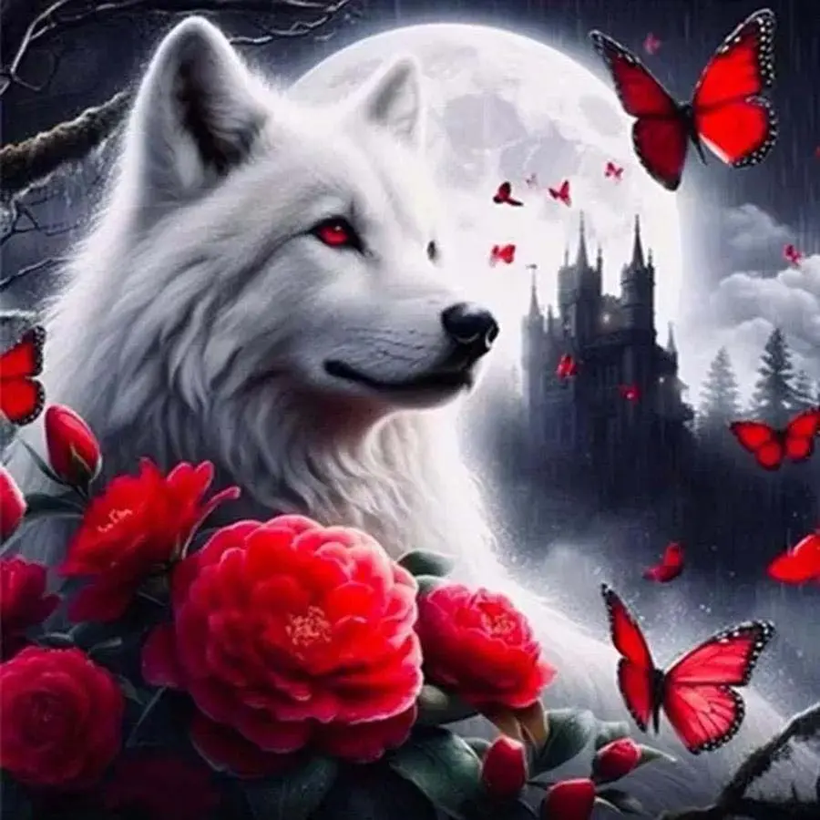 5D DIY Full Drill Round Diamond Painting - Diamond Art Kit White Wolf, Red Flower, Butterfly Mosaic, Canvas, Diamond Pattern Design - DIY Wall Decor for Home, Suitable for Halloween, Christmas, Birthday, and Anniversary Gifts