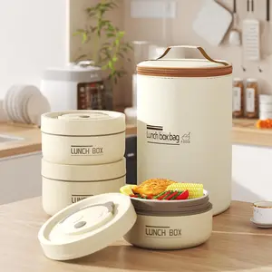3/4 Pcs Insulated Bento Box Stainless Steel Round Microwave Safe Stackable Leakproof with Beige Insulated Bag for Adults Portable Thermal Food Container