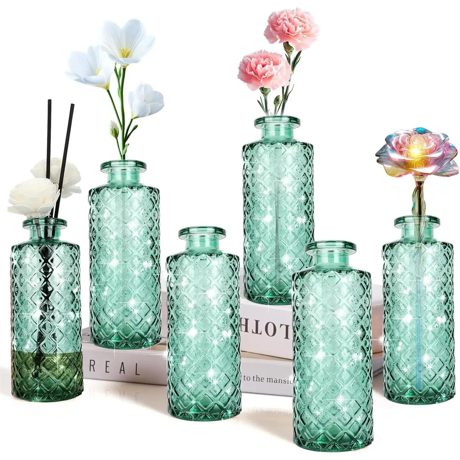 6-Set Transparent Green Glass Floral Vase, Small Bottle-Style Simple Decorative Vase, Table Centerpieces for Home Decoration, Weddings, Birthdays, Ornaments