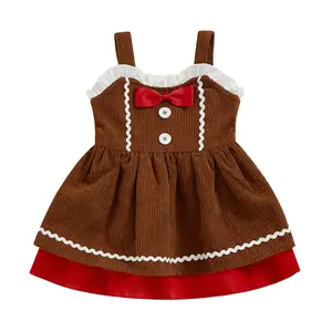 Canrulo Toddler Girl Christmas Outfit Gingerbread Man Sleeveless Dress Bow Button Decor A Line Print Kids Xmas Dresses