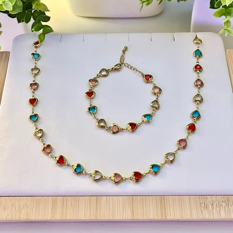 Women's Boho Style 2-Piece Heart Bezel Costume Jewelry Set - Rhinestone-Embedded Necklace, Gold-Tone Metal Coating Chain Bracelet, Multicolor/Teal Blue Vibrant Gemstones, Casual & Elegant Accessories