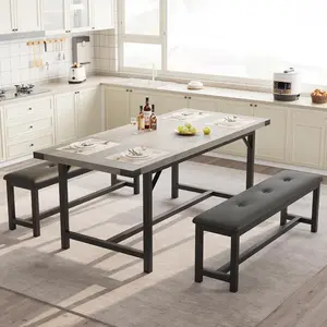 3 Piece Dining Table Set for 4-6, 63" Extendable Kitchen Table and Bench Set for 6, Metal Frame Rectangle Kitchen Table Set with 2 Upholstered Benches for Dining Room, Apartment, Retro Gray Cabinets