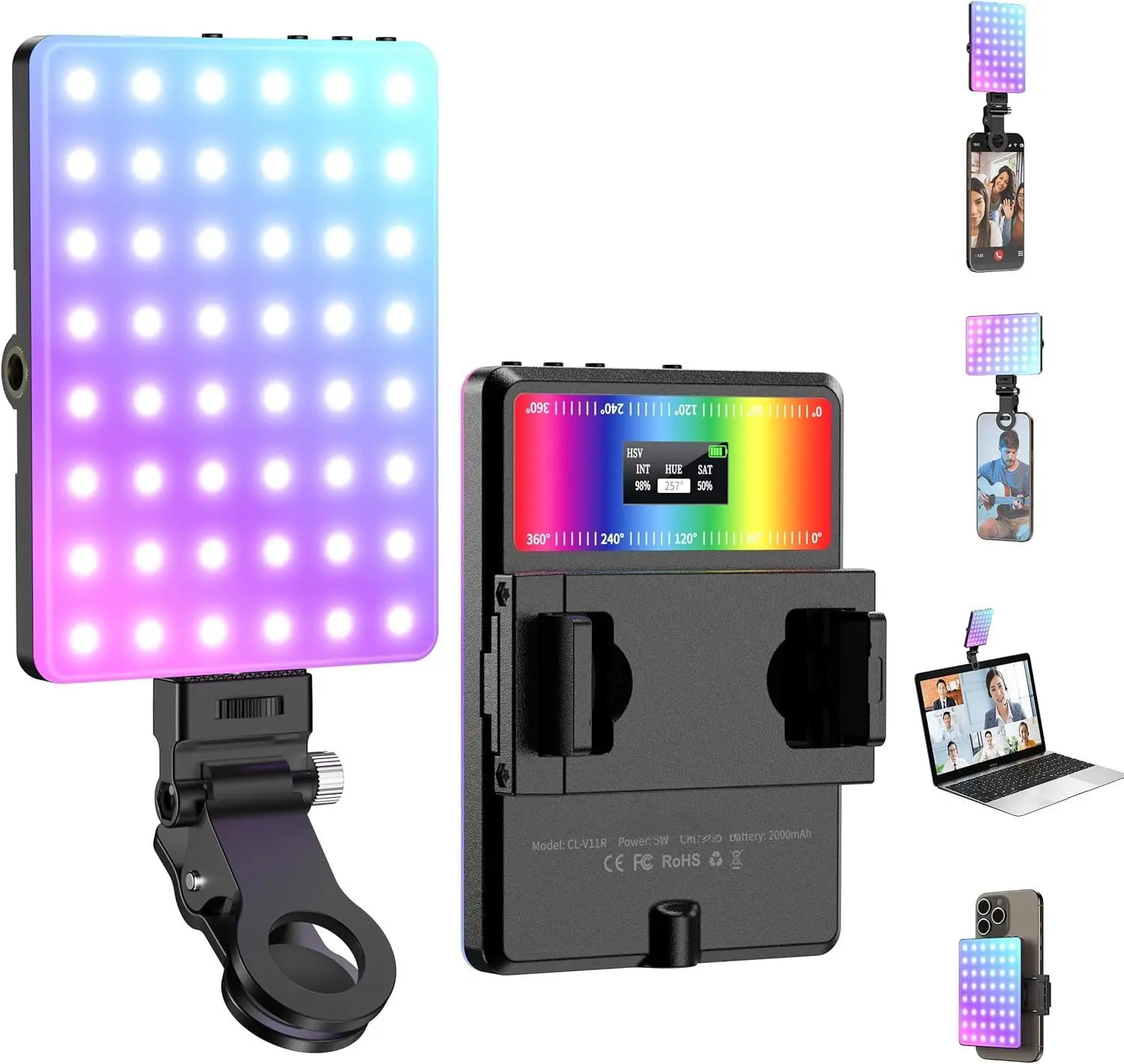 RGB Selfie Light, 360 Full Color RGB Video Light with 24 Effects, 78 LED 2000mAh Rechargeable CRI 95+ and 2500K-9000K CCT, Portable Clip on Light for Phone/Tablet/Laptop/Streaming
