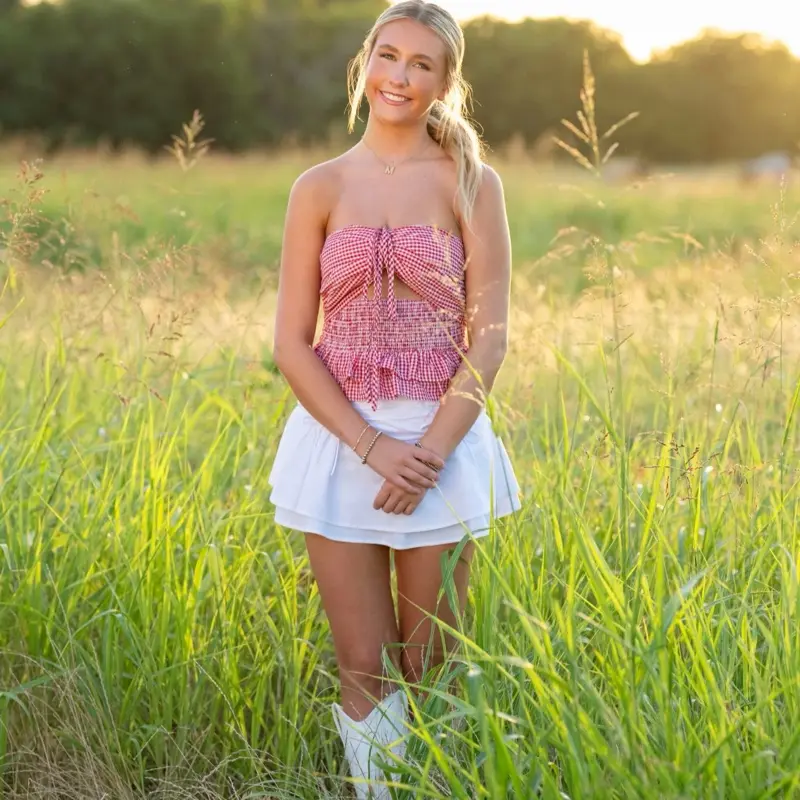 Red Twist Smocked Halter Gingham Top Shirts