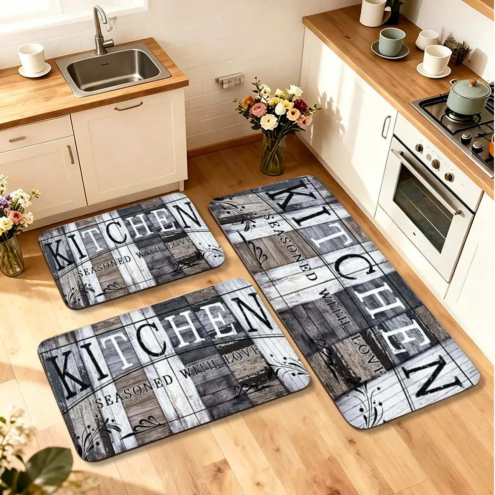 Kitchen Floor Mats – 1/2/3-Piece Set of Decorative Kitchen Rugs with Vintage Wood Plank Texture – Kitchen and Home Decor