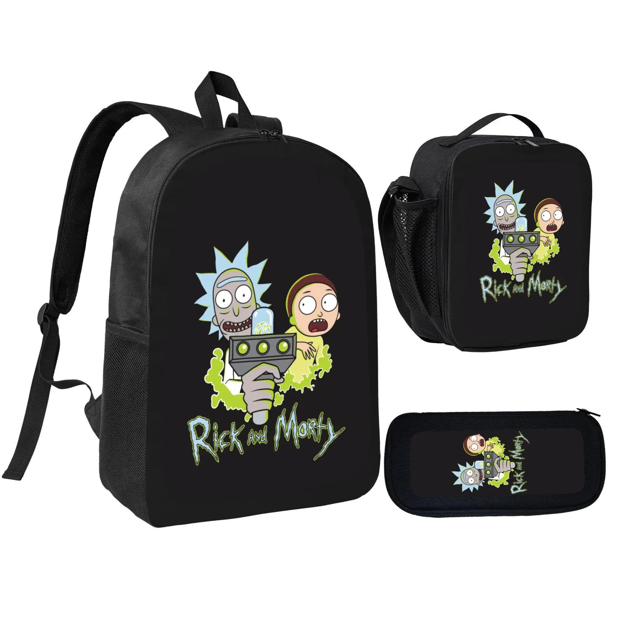 [3Pcs Backpack Set] Rick And Morty Cartoon Print with Lunch Bag Pencil Pouch School Bag For Boys Girls Teens Students Daily Use Travel