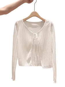 Women's Bow Tie Front Cardigan Convertible Shawl Breathable Long Sleeve Top, Summer Sun Protection Lightweight Casual Basic Knitwear for Work Dating Vacation Daily Use