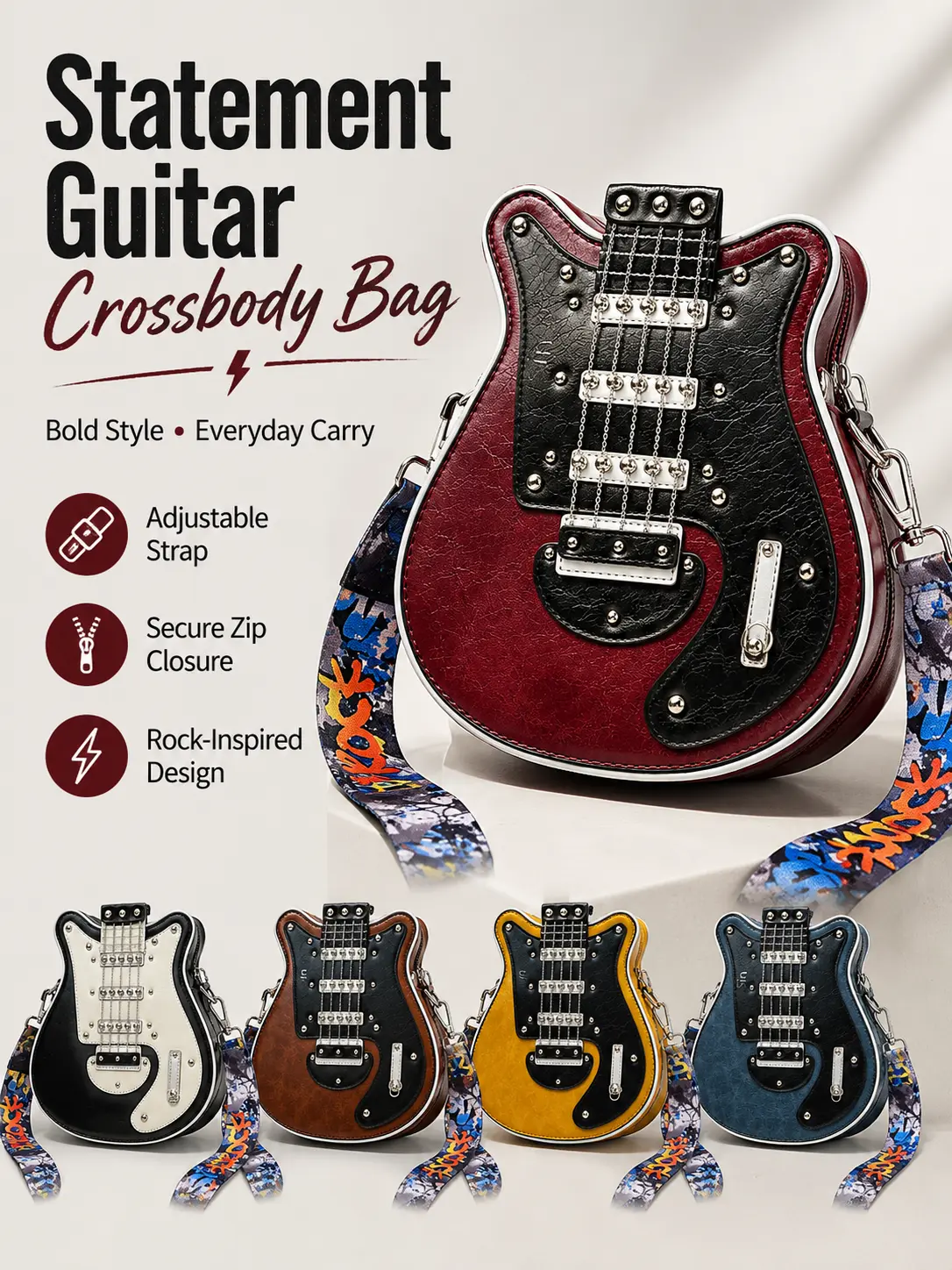 2025 Y2K Guitar Shaped Medium Vegan Leather Crossbody Bag Purse with Adjustable Strap & Multi-Purpose Design for Women saddle  bag  body