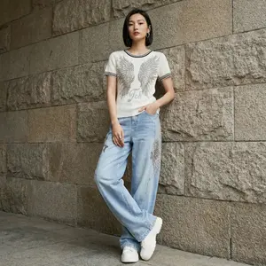 TCH rhinestone wings high-end knitted T-shirt women's beige contrasting slim fit short sleeved top