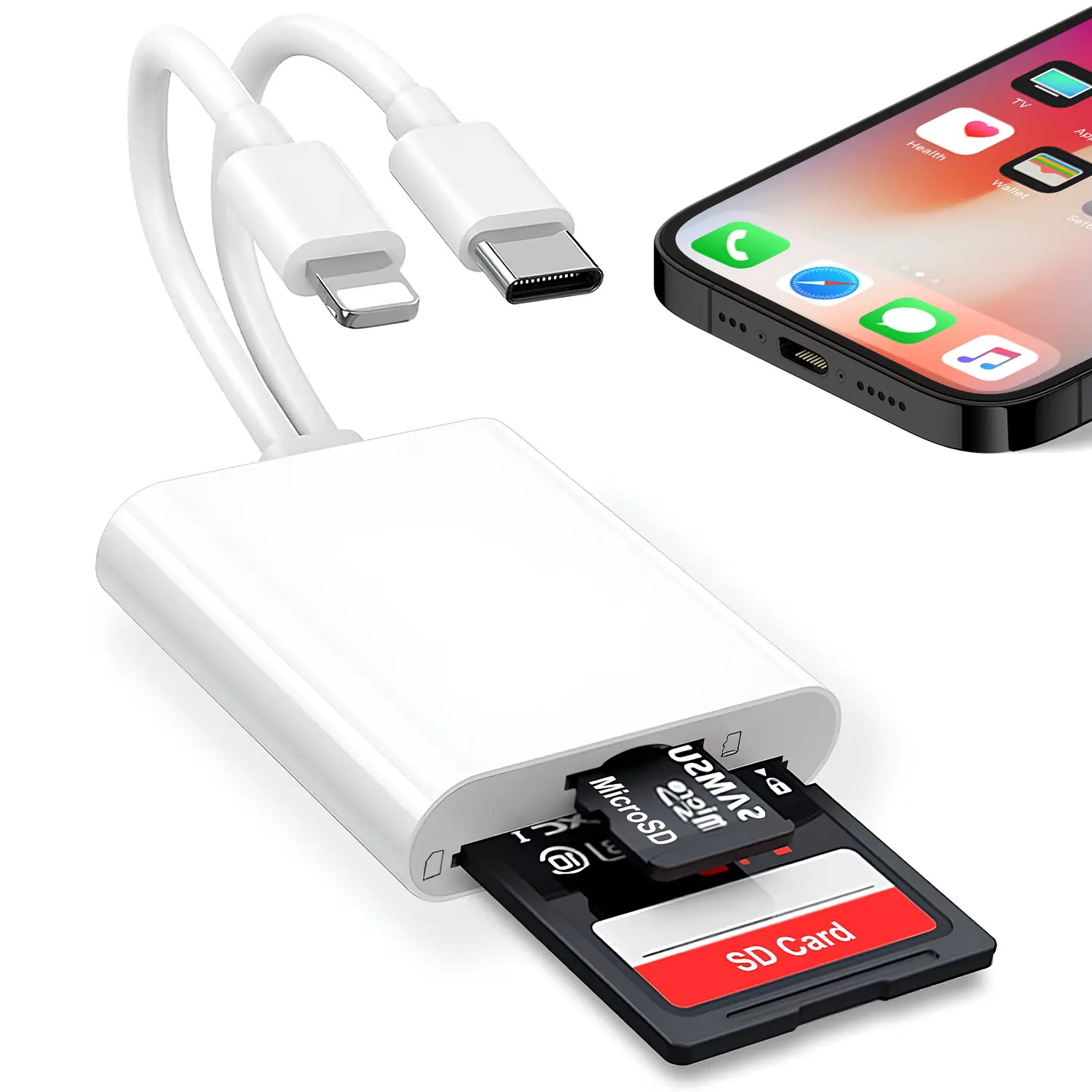 2-in-1 USB-C SD Card Reader, Dual Slot Memory Card Adapter with SD & Micro SD/TF Slots, Portable Plug and Play Card Reader for Laptop, Computer, Tablet, Camera, Phone Data Transfer