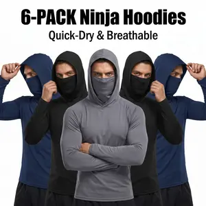 6-piece set men's outdoor work sun protection clothing with sun-blocking hoodie, featuring built-in face mask and neck guard, breathable long-sleeve hoodie