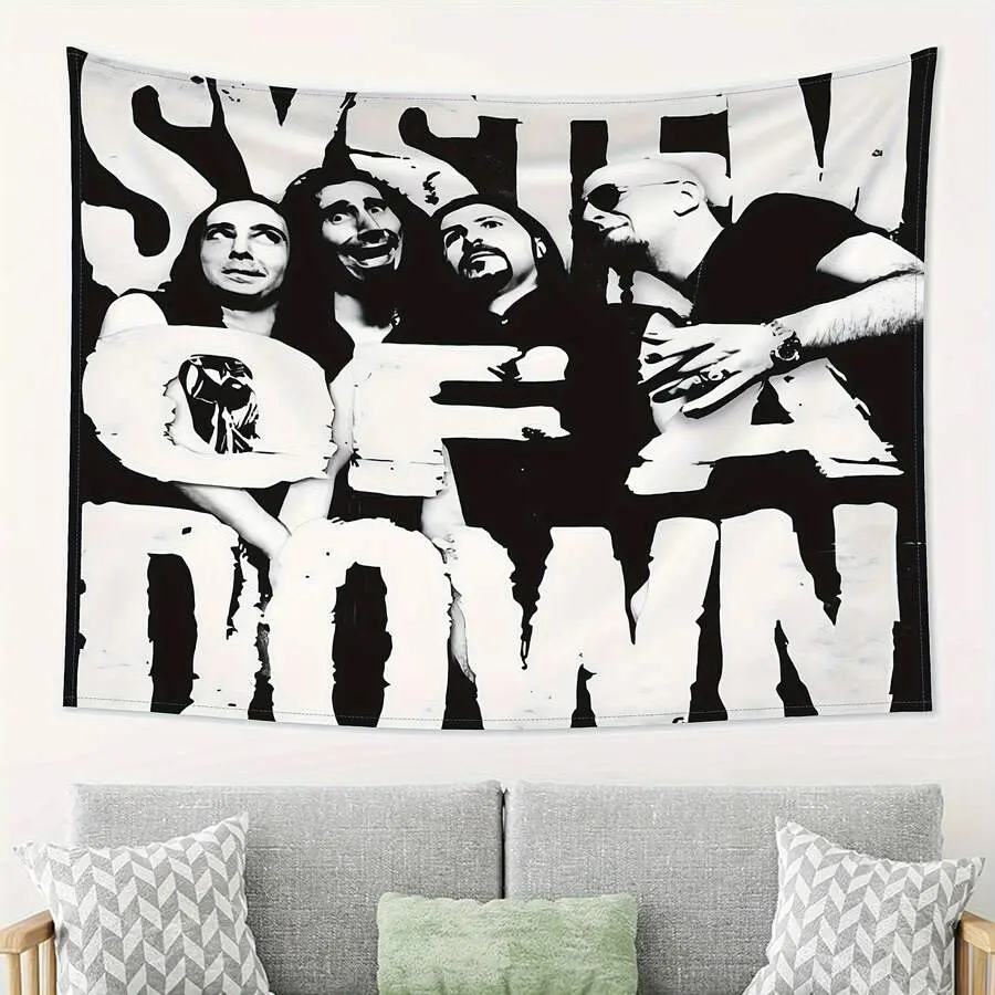 Black and White Polyester Band Artistic Tapestry - Decadent System Series, System of a Down Artwork Print, Non-Electric Horizontal Poster, Machine Washable, Modern Industrial Chic Home Decor for Bedroom, Wedding Venue, Artistic Tapestry Tapestries