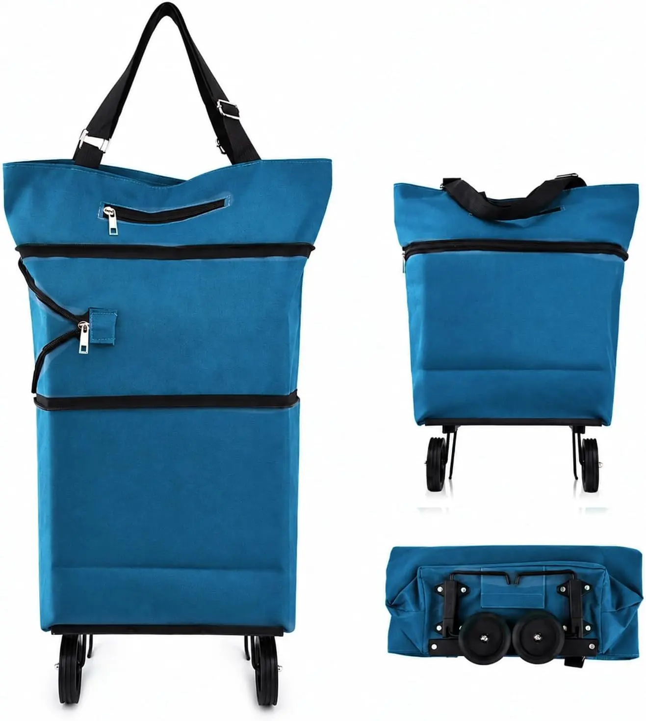 Collapsible Shopping Cart with 360° Swivel Wheels, Folding Trolley Grocery Bag, Reusable Foldable Tote Grocery Cart with Large Capacity, Suitable for Travel and Home Use (Lake Blue).