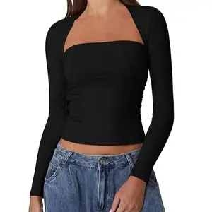 QINSEN Womens Square Neck Long Sleeve Tops Double Lined Slim Fit Going Out Tee Shirt Crop Top