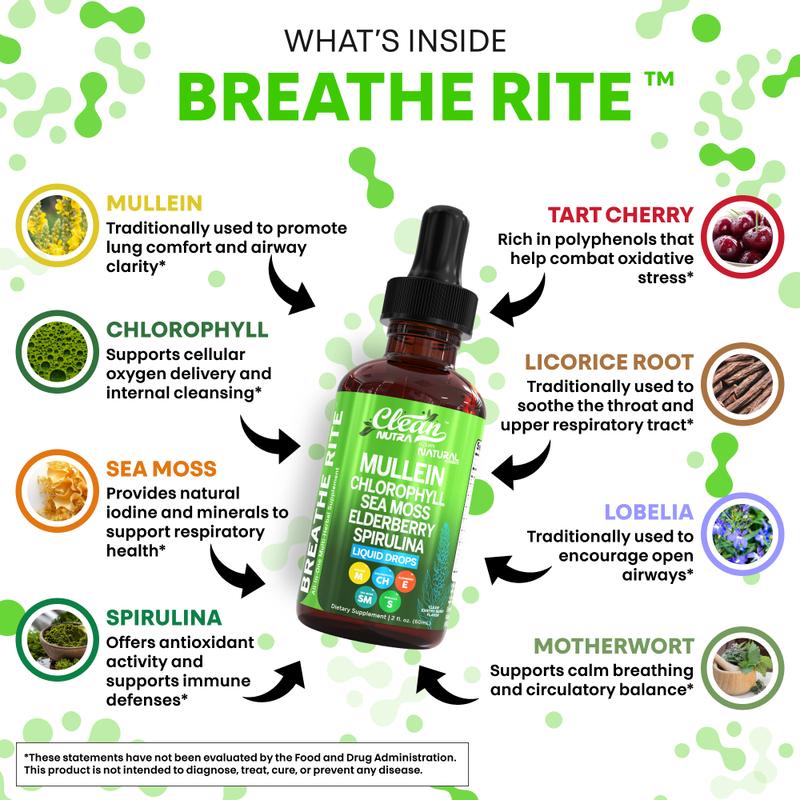 Clean Nutra Chlorophyll, Sea Moss, Elderberry, Spirulina, Licorice, Tart Cherry, Lobelia, Motherwort & More for Lung Detox Liquid Drop – Breathe Rite