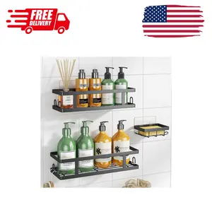 Adhesive Shower Caddy,Shower Shelves with Soap Holder and 12 Hooks Black,3 Pack
