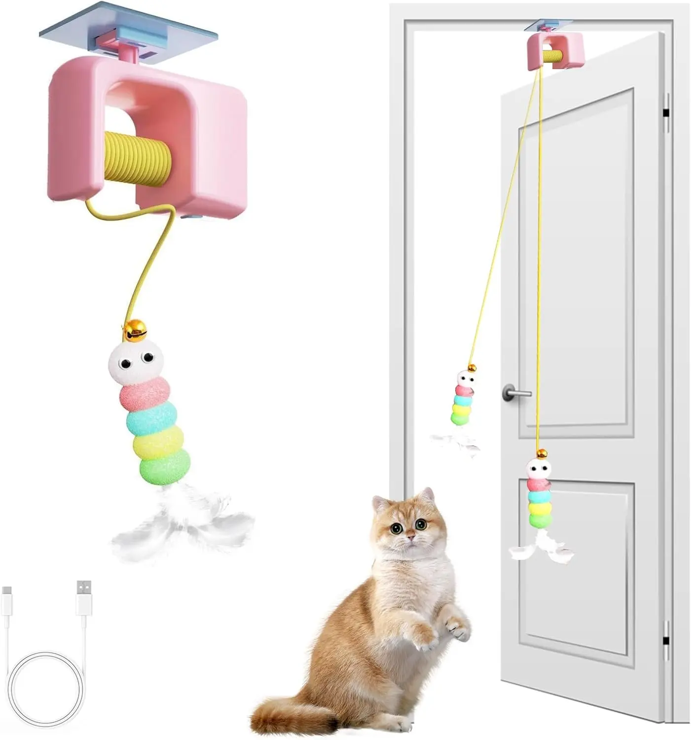 Interactive Automatic Cat Toy for Indoor Cats - Electric Door Hanging Toy with Feather Plush Caterpillar for Kittens, Fun Chase & Exercise, Cat Toys Interactive
