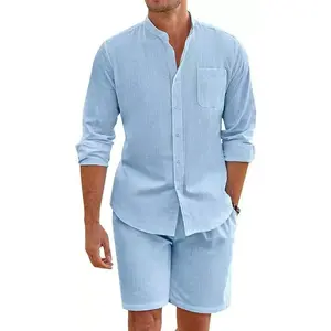 Men's 2-Piece Aesthetic Natural Linen Summer Set - Casual Long-Sleeve Henley Stand Collar Top, Breathable Lightweight Vacation Beachwear Shorts (Multiple Colors) summerwins
