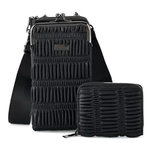 La Marey Faux Leather Pleated Phone Bag with Woven Strap