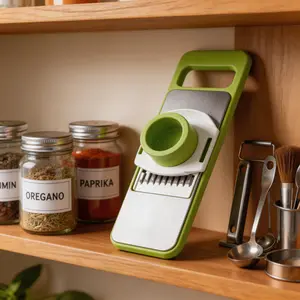 6-in-1 Multi-Functional Vegetable Slicer with Interchangeable Stainless Steel Blades and Safety Holder for Slicing, Shredding and Grating