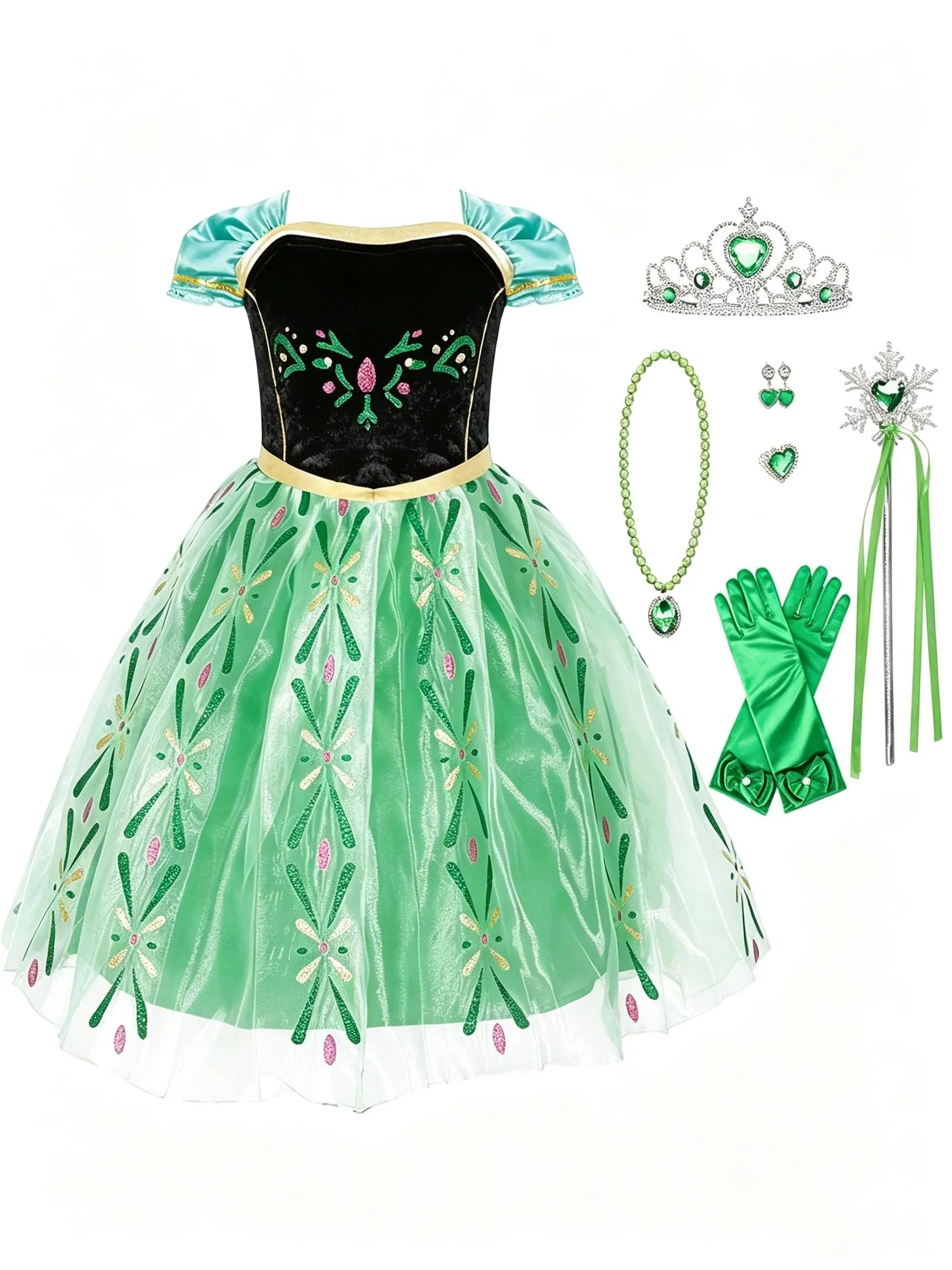 LOEL Kids Green Princess Ball Gown Dress Up Set, Off Shoulder Embroidery Formal Party Dress for Little Girls 3-10, Complete Outfit with Tiara, Magic Wand, Long Gloves Jewelry Accessories, Birthday Pageant Photography Costume