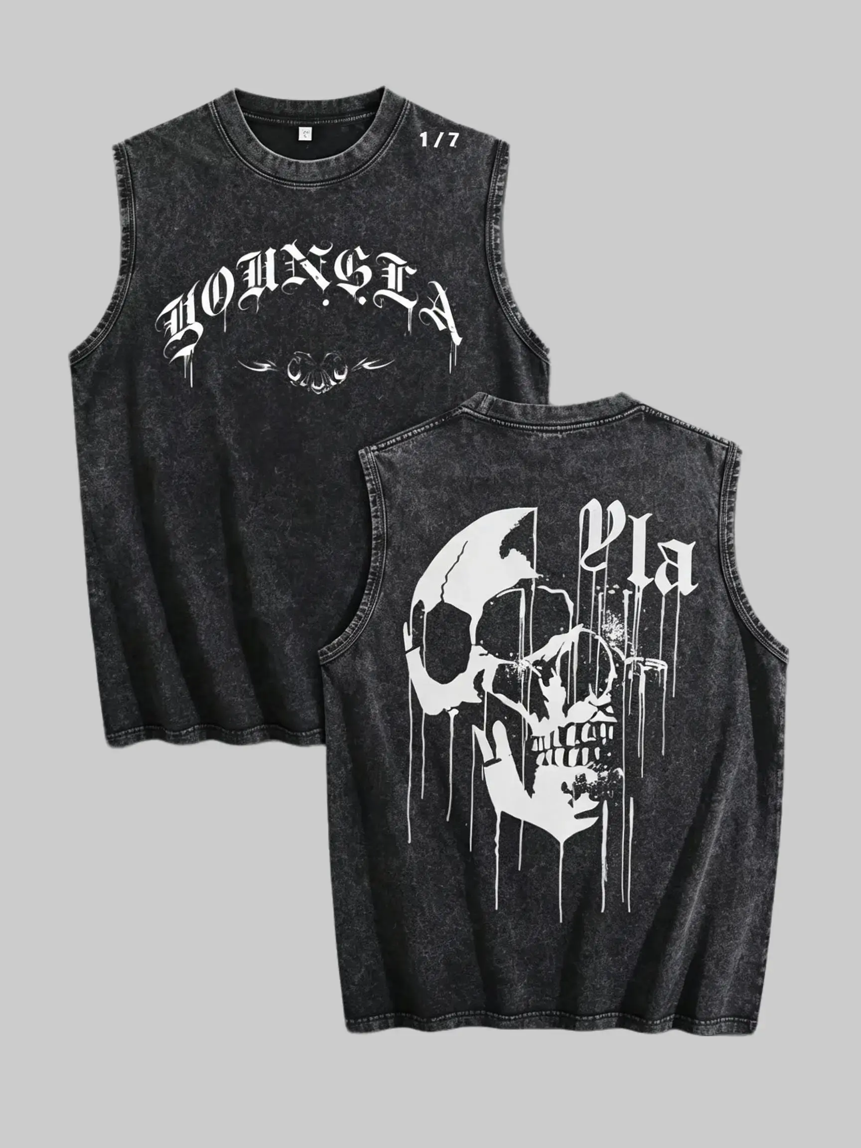 Vintage Acid Wash Double Sided Print Sleeveless Tank Top, YOUNGLA Gothic Drip Skull Back Graphic Vest, Black Old English Lettering Distressed Dark Streetwear Oversized Gym Muscle Tee